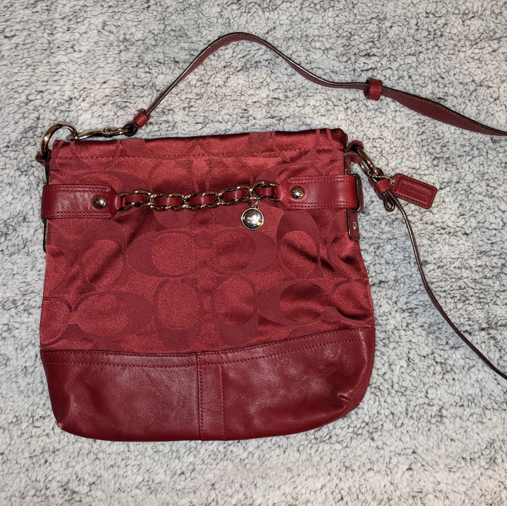 Coach Signature Burgundy Sateen Chain Crossbody Shoulder Purse